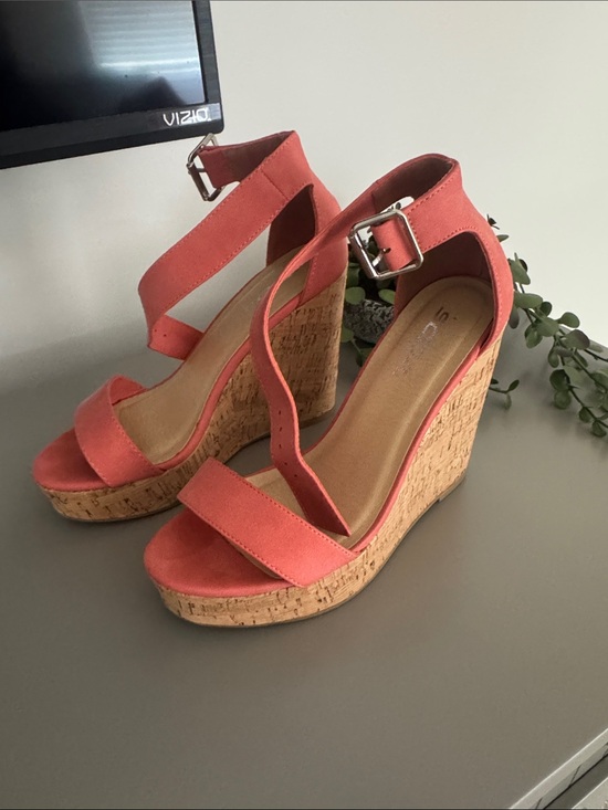Soda Shoes - Soda Coral Pink Suede Cork Wedge Sandals with Ankle Buckle